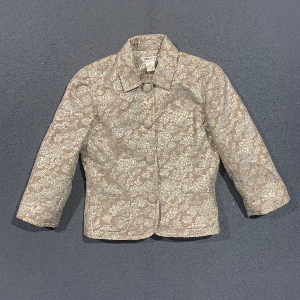 Harold's Floral Brocade Jacket Women Size 2 Gold Metallic 3/4 Sleeve Blazer USA